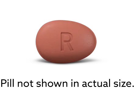 Image of an ORGOVYX® (relugolix) pill with the text Pill not shown in actual size